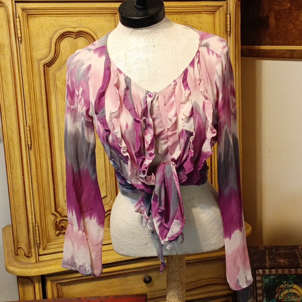 Women blouse Sz 6 Small Top Sheer button up filly shirt pink purple Silk TRANSIT